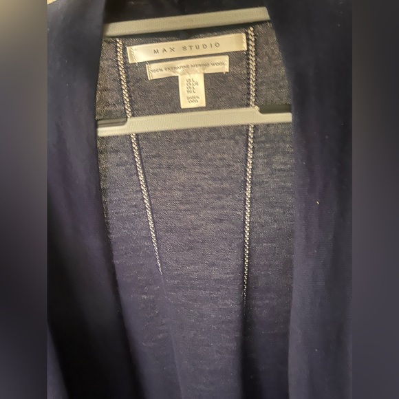 Max Studio 100% Extra-fine Merio Wool  Blue Women's Cardigan Sweater, 30" long - Picture 3 of 4